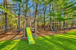 Family-friendly backyard with playset, swings, and peaceful wooded views