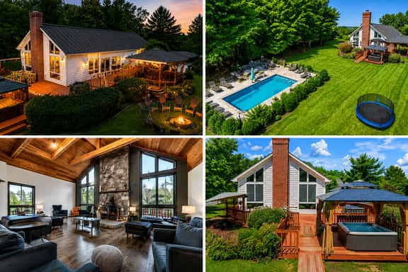Chalet retreat with pool, hot tub, fire pit, and stunning great room