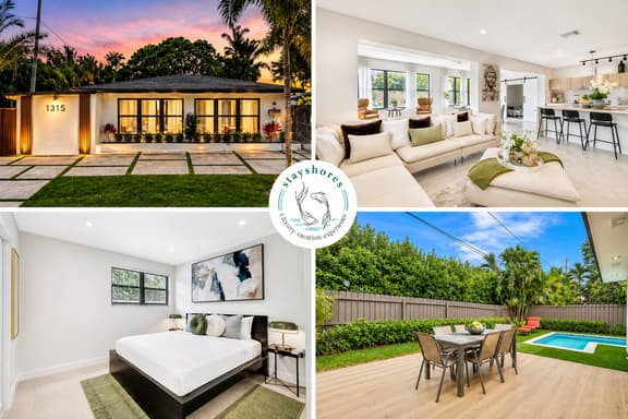 A stylish, modern home showcased through four inviting spaces: a beautifully lit exterior at sunset, a bright open-concept living area, a cozy minimalist bedroom, and a lush backyard patio with a private pool—perfect for a relaxing, upscale stay.